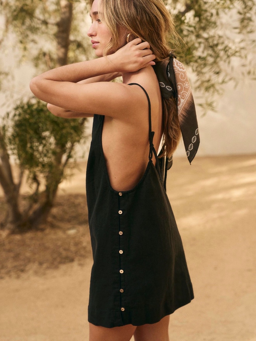 Free People Beachside Cotton-Linen Mini Dress in black